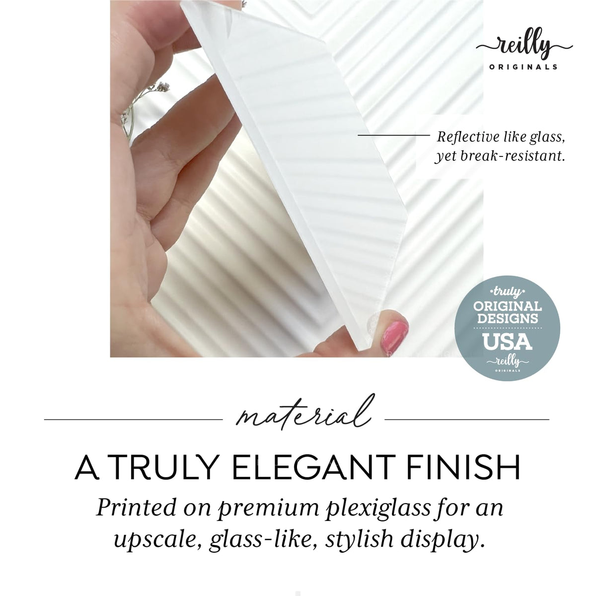 Glass-like finish close-up on a Reilly Originals sign.