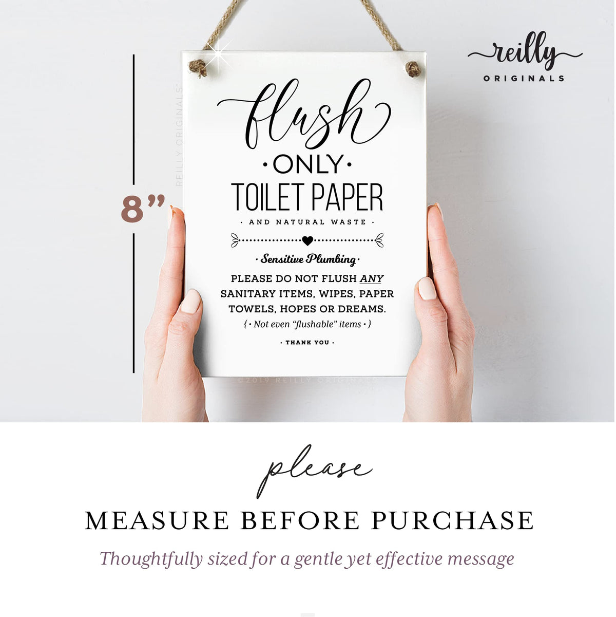 Wall-ready sign with hanging rope from Reilly Originals.