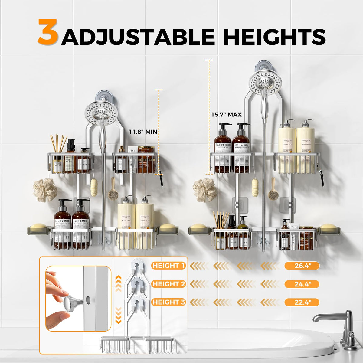 REINHARDT 3-level height-adjustable design fitting tall bottles in shared bathrooms.