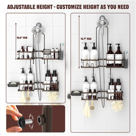 REINHARDT bronze caddy with handheld showerhead compatibility keeps hoses free.