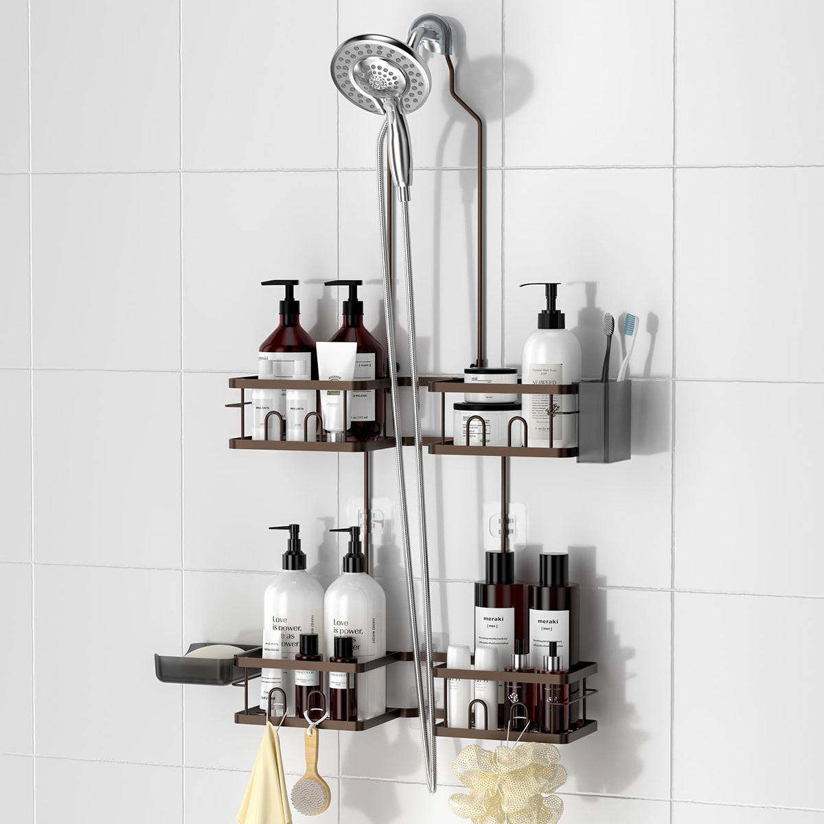 REINHARDT adjustable bronze shower caddy top bracket for flexible height and easy access.