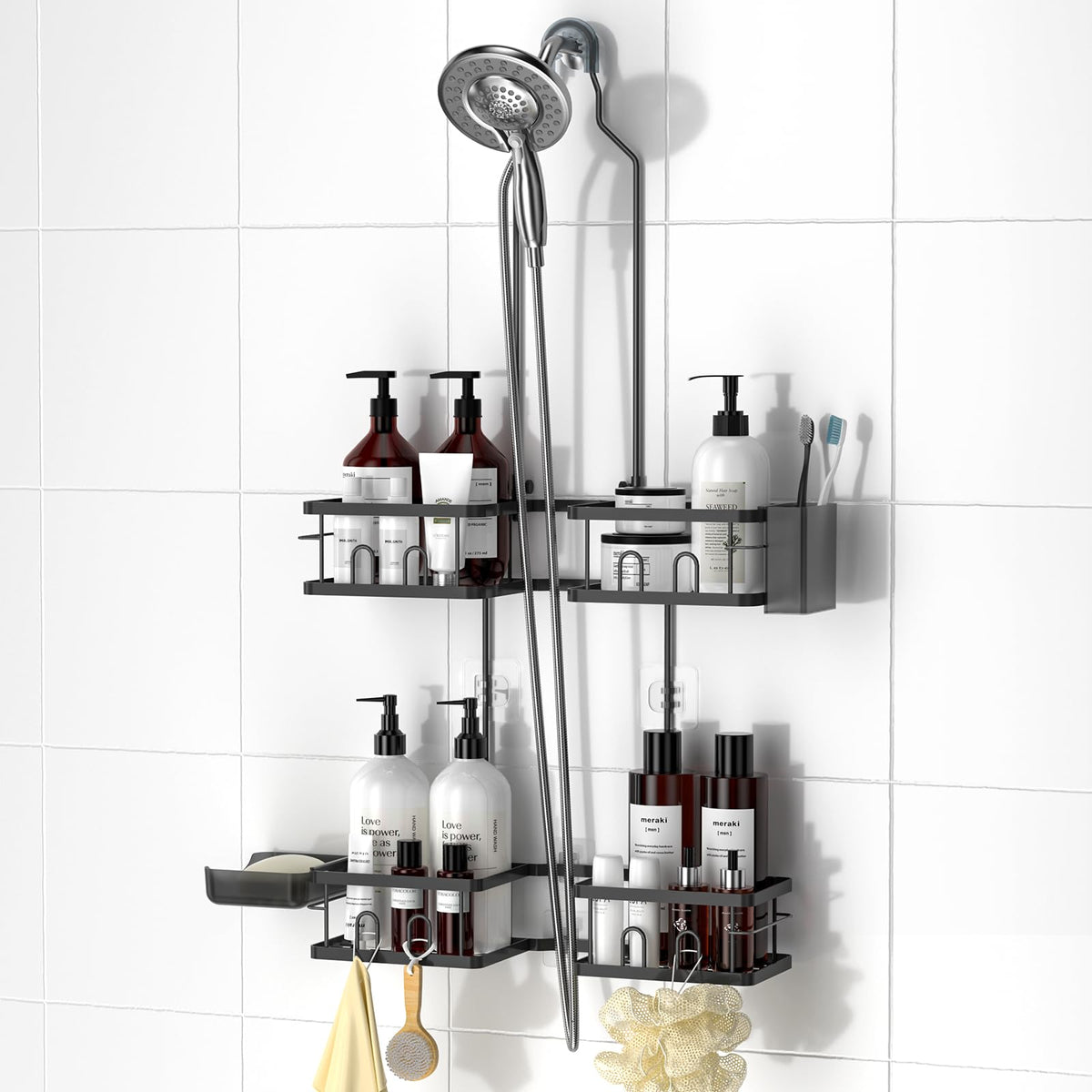 REINHARDT adjustable shower caddy top bracket demonstrates height customization for tall bottles.