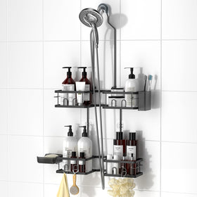 REINHARDT adjustable shower caddy top bracket demonstrates height customization for tall bottles.