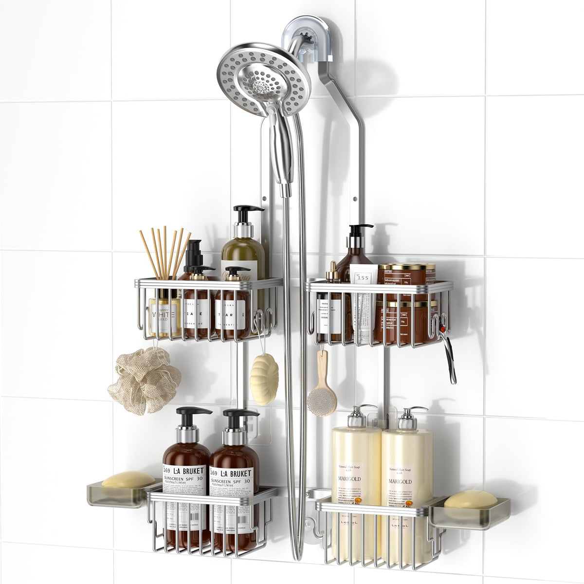 REINHARDT aluminum shower caddy hanging for quick setup and clutter-free shower storage.