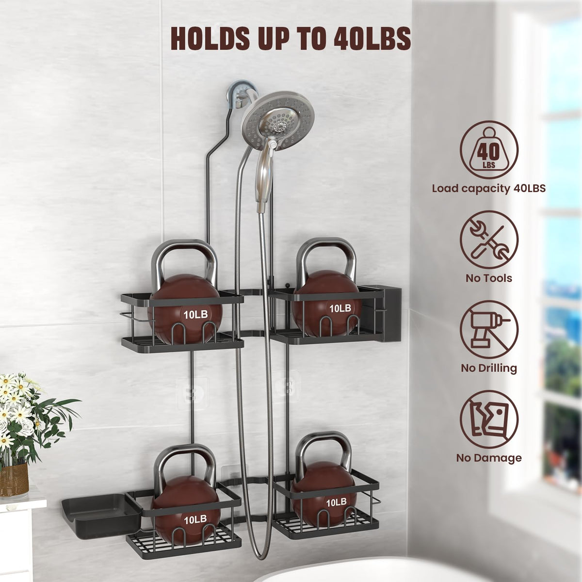 REINHARDT rustproof bronze coating protects the caddy in humid bathrooms.