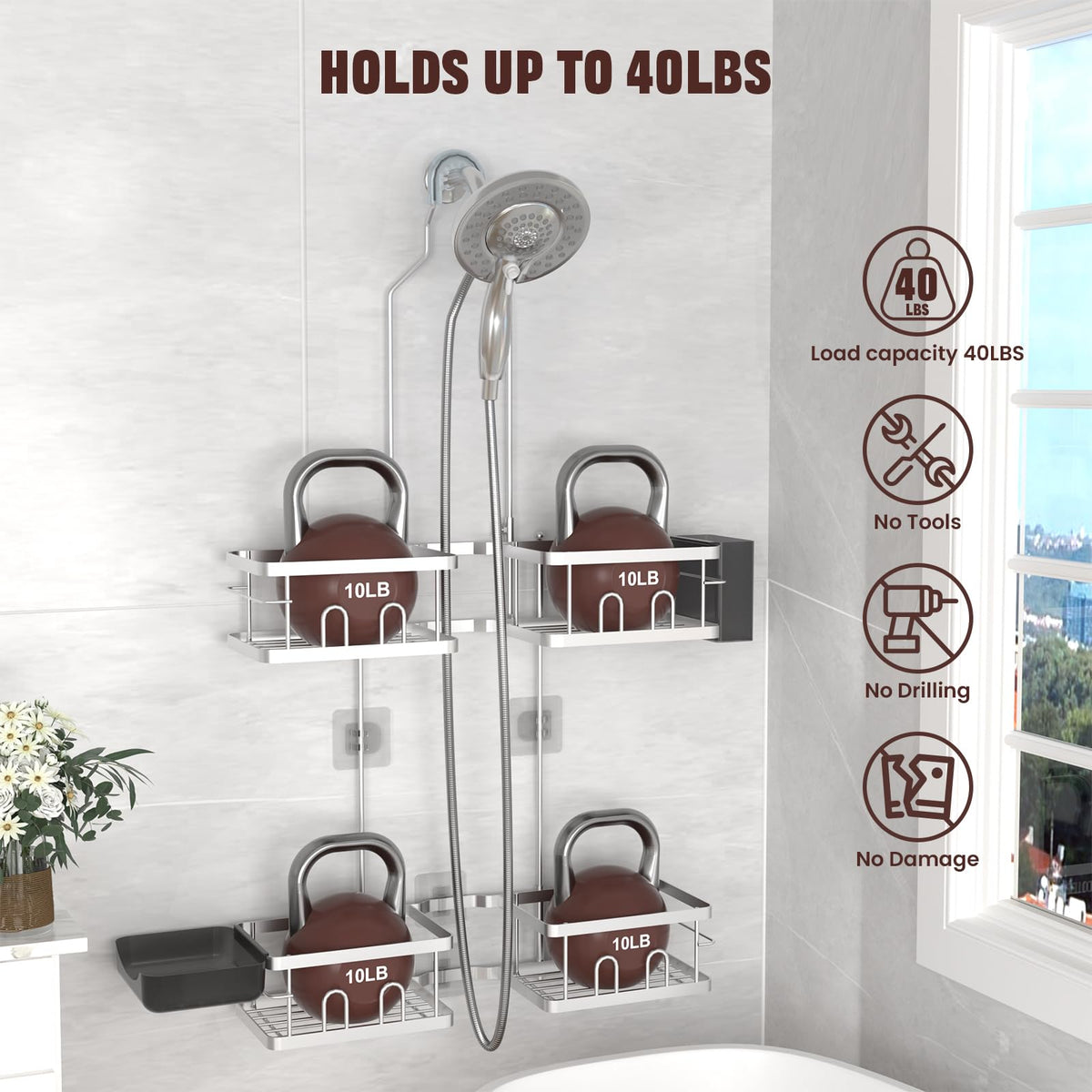 Reinhardt rustproof finish protects the caddy in humid bathrooms