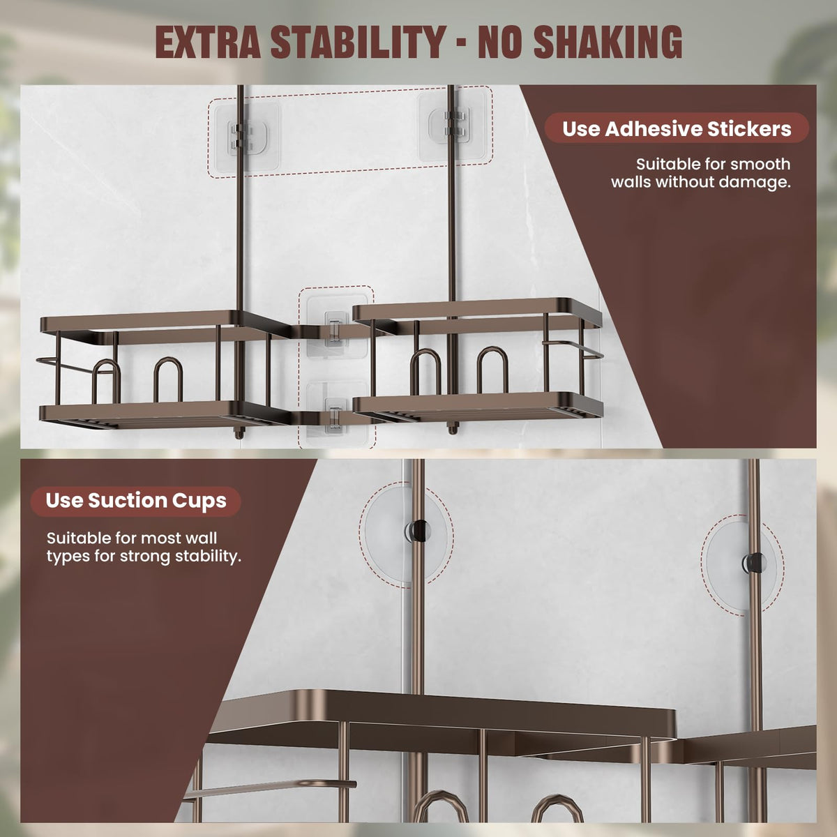 REINHARDT shower caddy features quick-drain holes to prevent water buildup.
