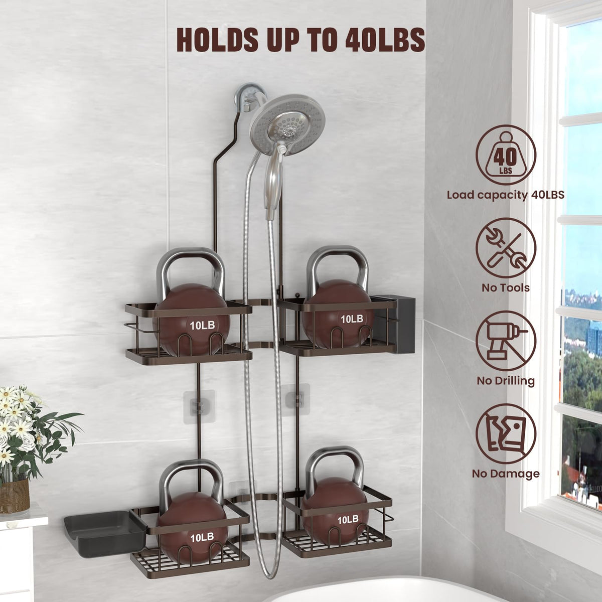 REINHARDT rustproof bronze caddy designed to withstand humid bathrooms without staining.