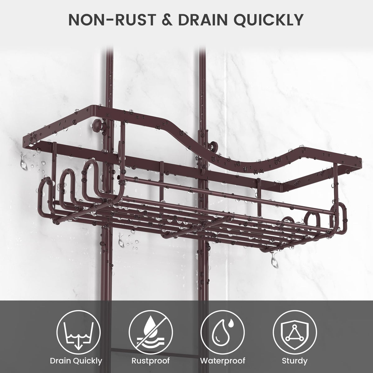 REINHARDT Bronze rustproof caddy endures wet bathroom conditions