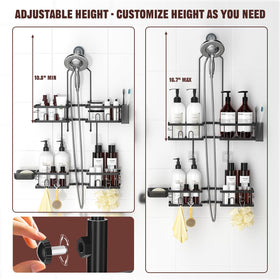 REINHARDT shower caddy designed for handheld showerheads allowing flexible hose movement.