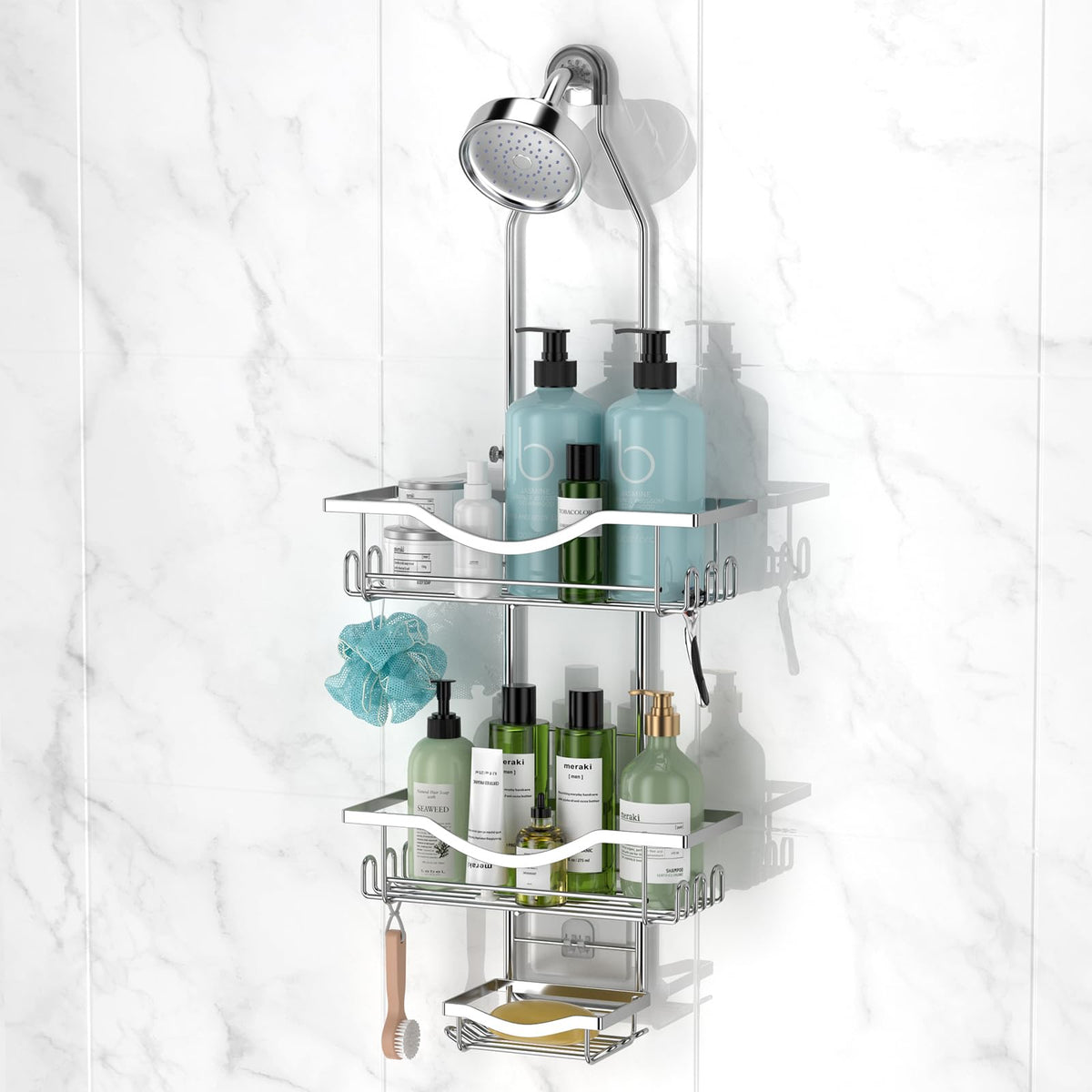 REINHARDT shower caddy with adjustable height for easy reach of bath products.