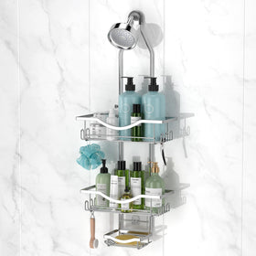 REINHARDT shower caddy with adjustable height for easy reach of bath products.