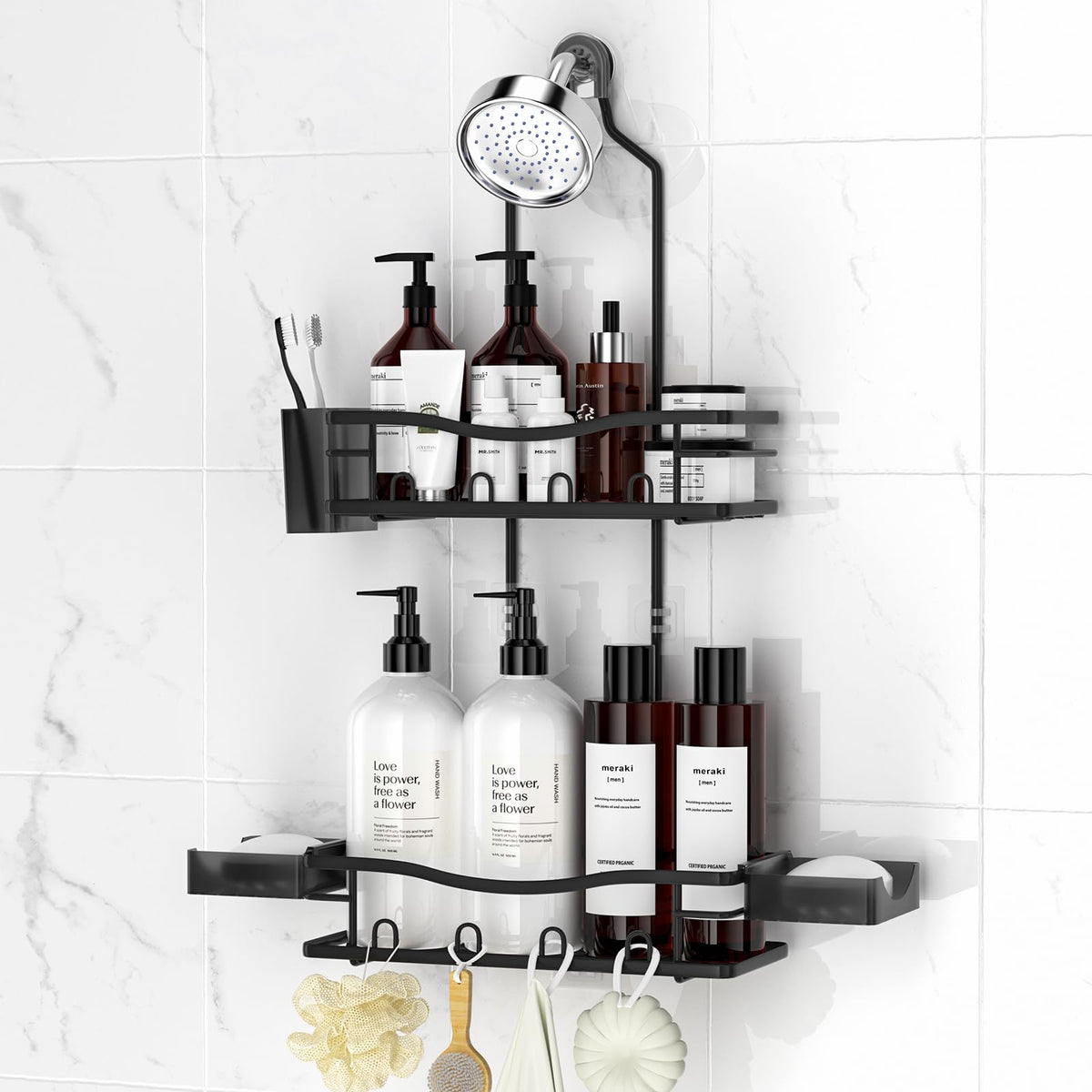 REINHARDT shower caddy hanging with dual baskets keeps shampoos neatly organized.