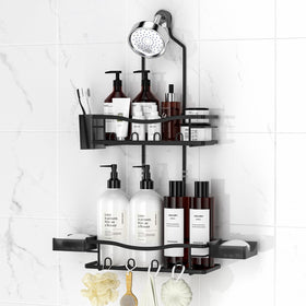 REINHARDT shower caddy hanging with dual baskets keeps shampoos neatly organized.