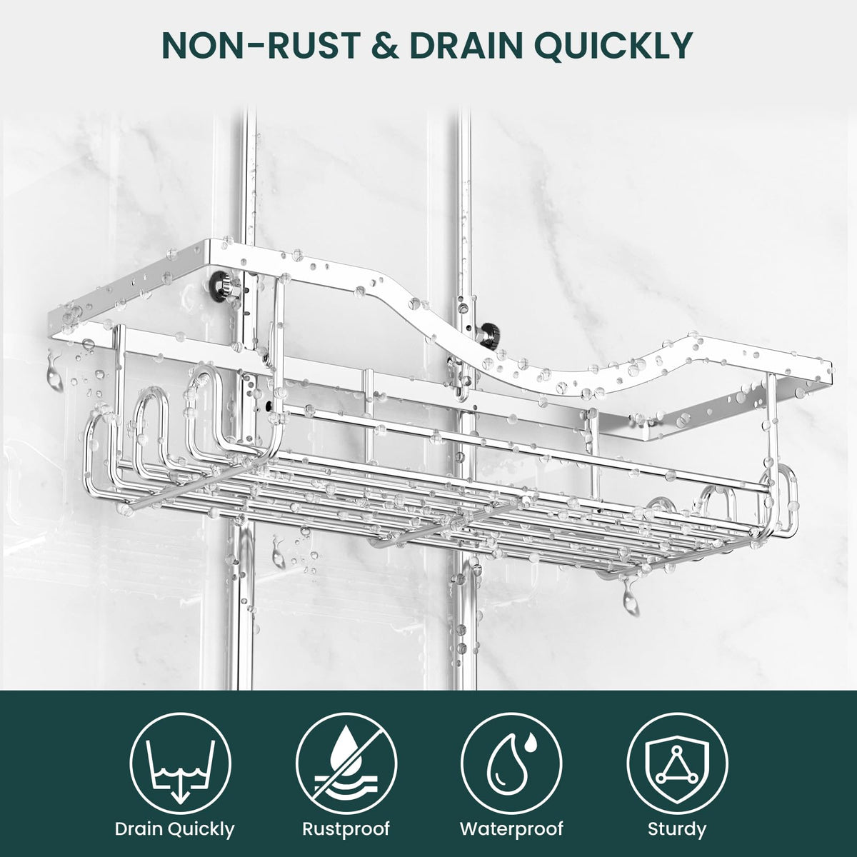 REINHARDT large capacity storage holds shampoo, conditioner, soap, and accessories.