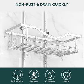 REINHARDT large capacity storage holds shampoo, conditioner, soap, and accessories.