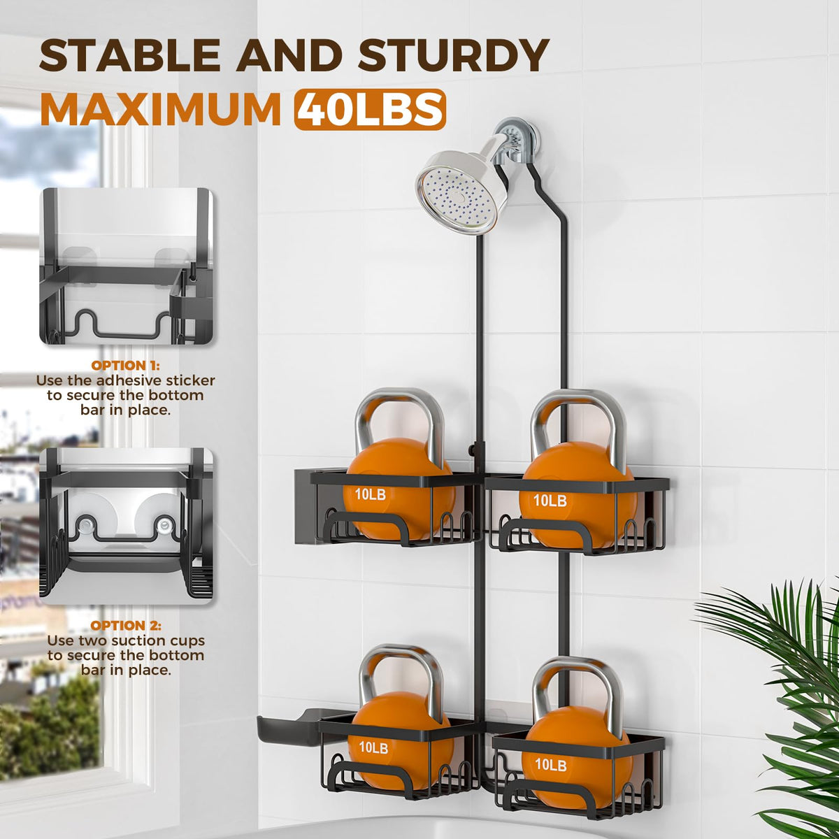REINHARDT shower caddy quick-drain holes prevent water pooling after showers