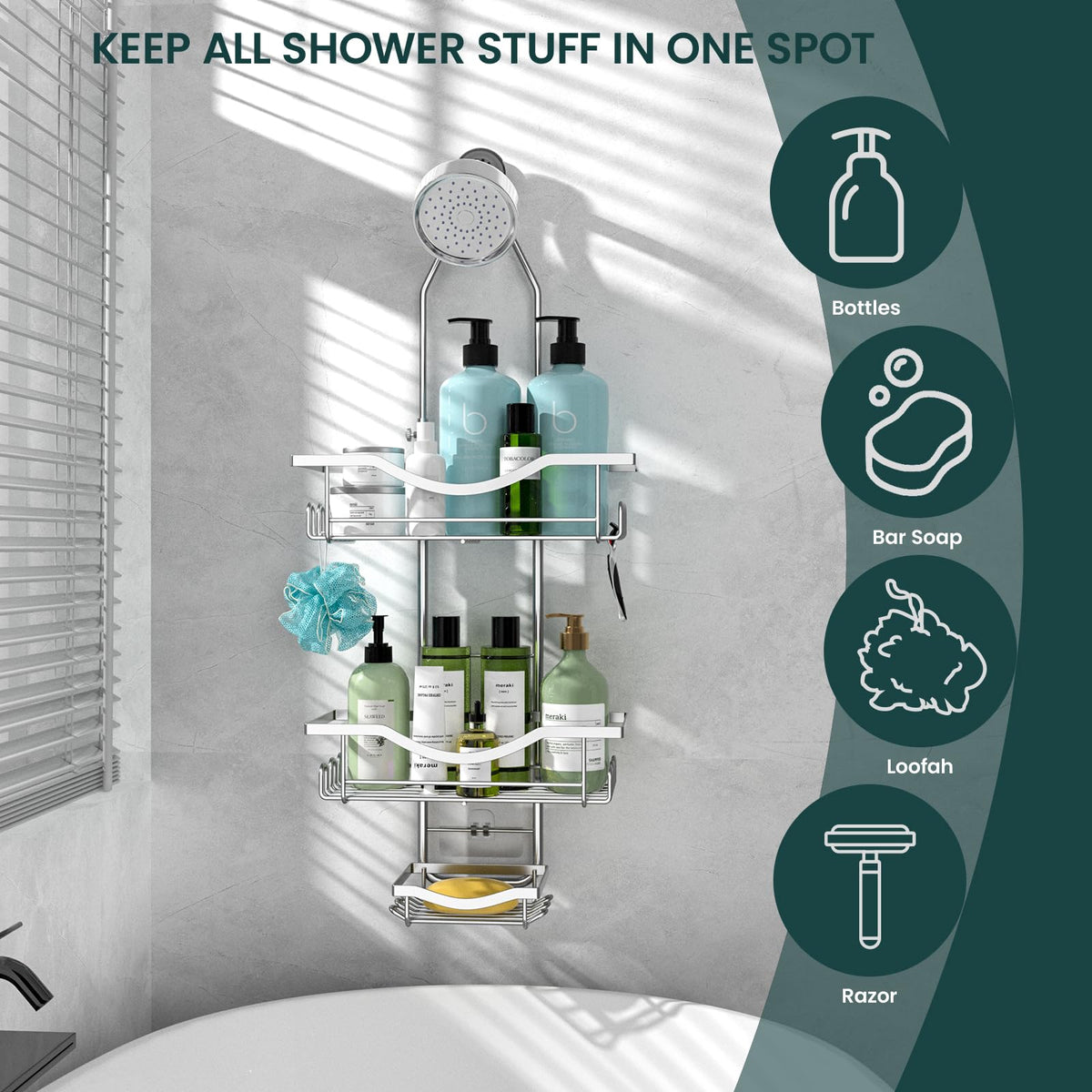 REINHARDT built in soap holder and multiple hooks organize toiletries.