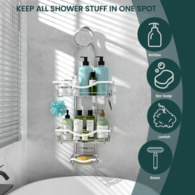 REINHARDT built in soap holder and multiple hooks organize toiletries.