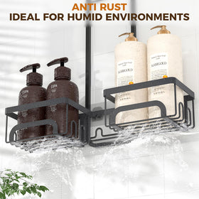 REINHARDT shower caddy tool-free mounting enables quick, secure setup