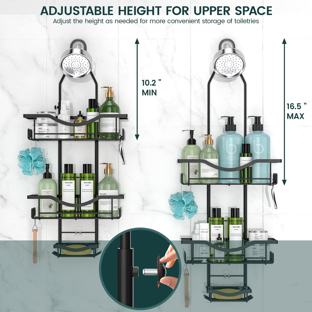REINHARDT Adjustable height caddy fits any shower space.