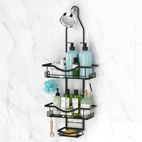 REINHARDT Over-shower-head caddy keeps toiletries within reach.