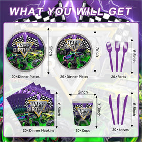 Rejoice Bunny monster truck tableware set provides a complete party solution for 20 guests