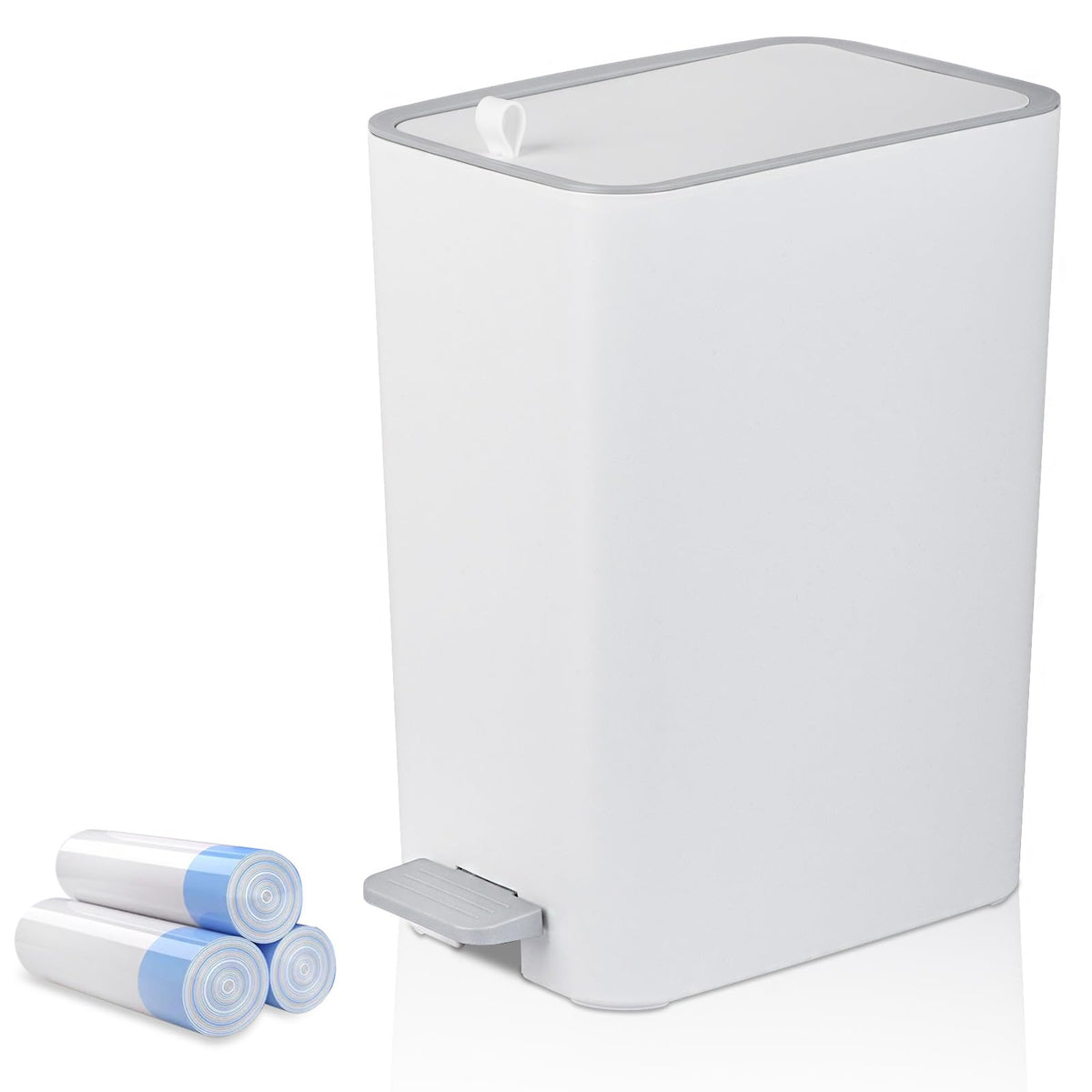 rejomiik 2.1 gallon trash can with lid in a compact bathroom corner