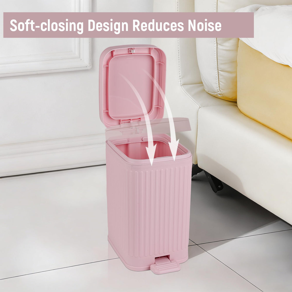 space-saving slim design of the rejomiik pink trash can fits compact spaces