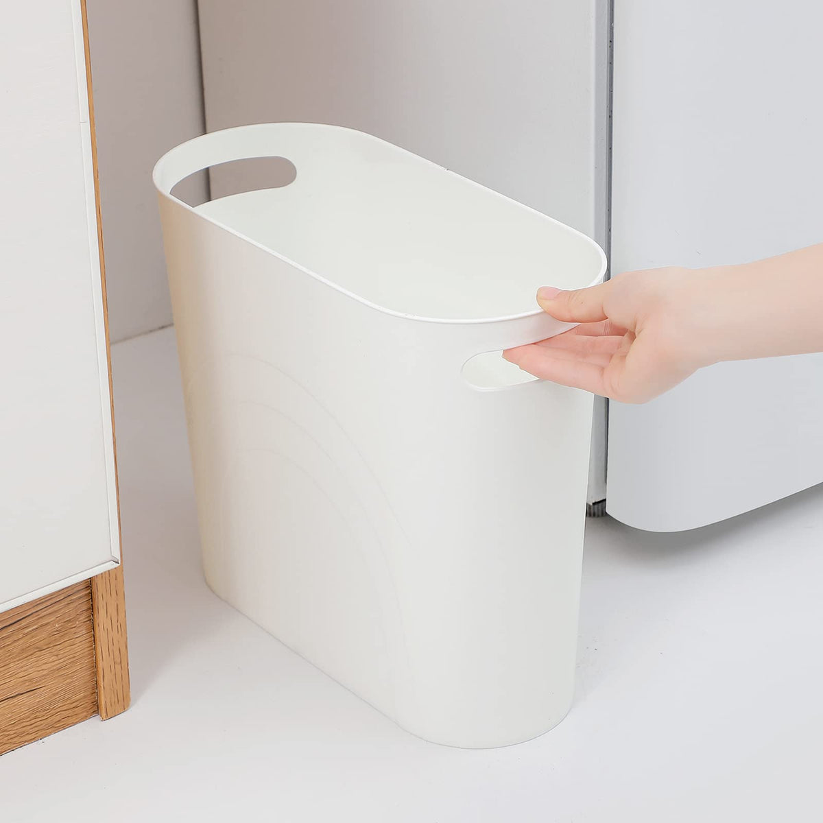 rejomiik slim trash can side profile with easy-access opening for quick waste disposal.