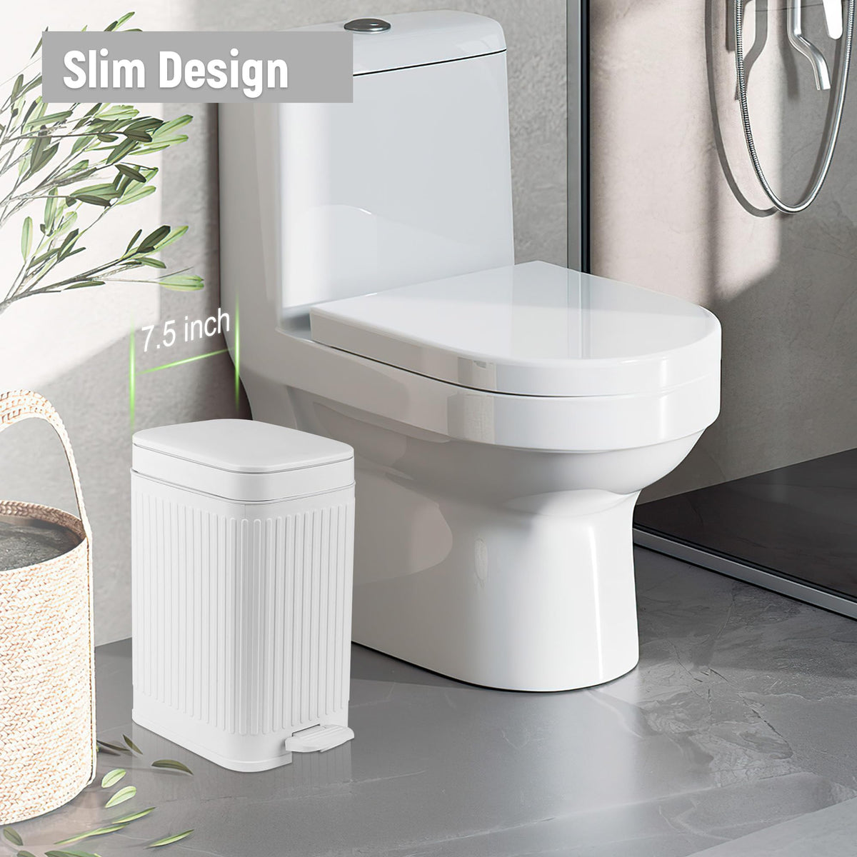 Rejomiik slim space-saving trash can with pedal, fitting tight spaces.