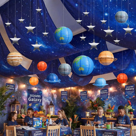Relaxgiant silver star ornaments add twinkle to VBS ceiling decorations.