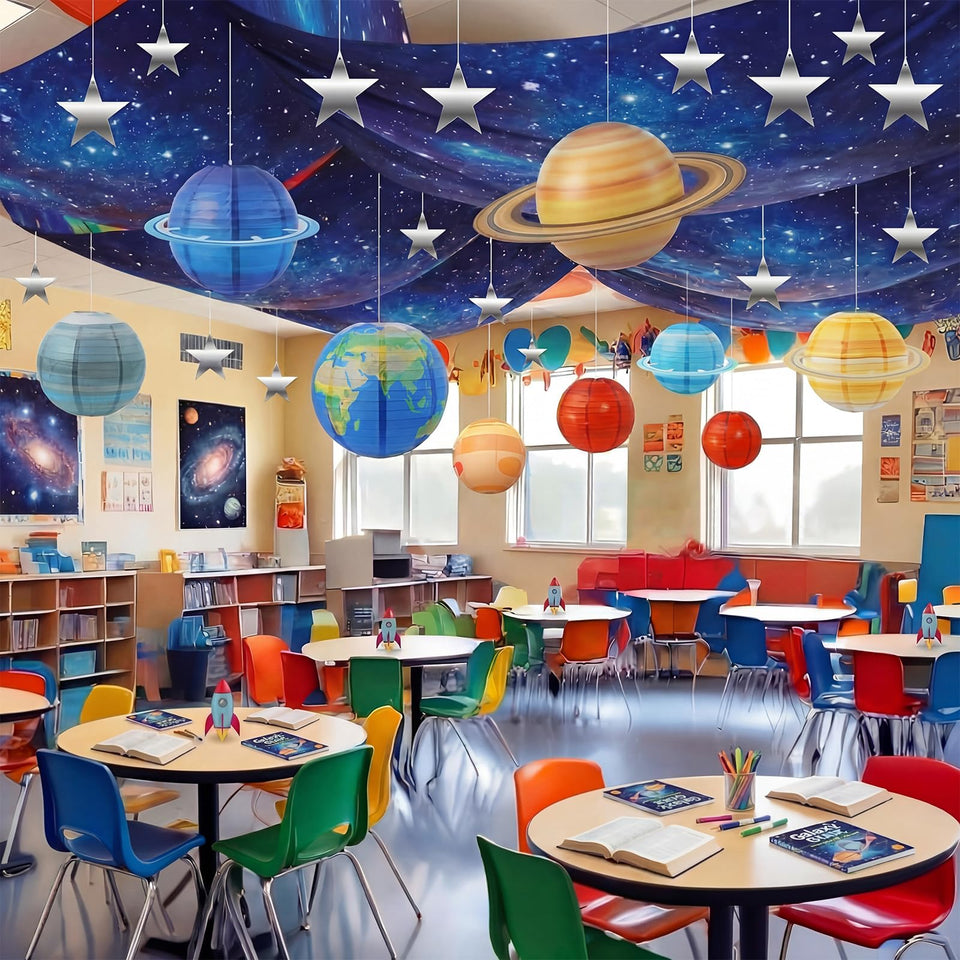 Relaxgiant space banners illuminate VBS ceilings with a vivid galaxy backdrop.