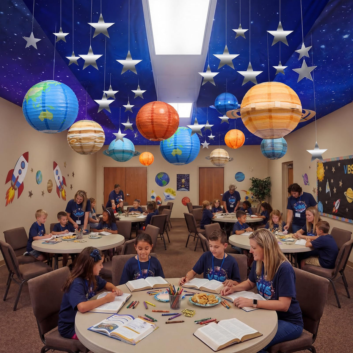 Relaxgiant space ceiling set is ideal for birthday parties and classroom events.