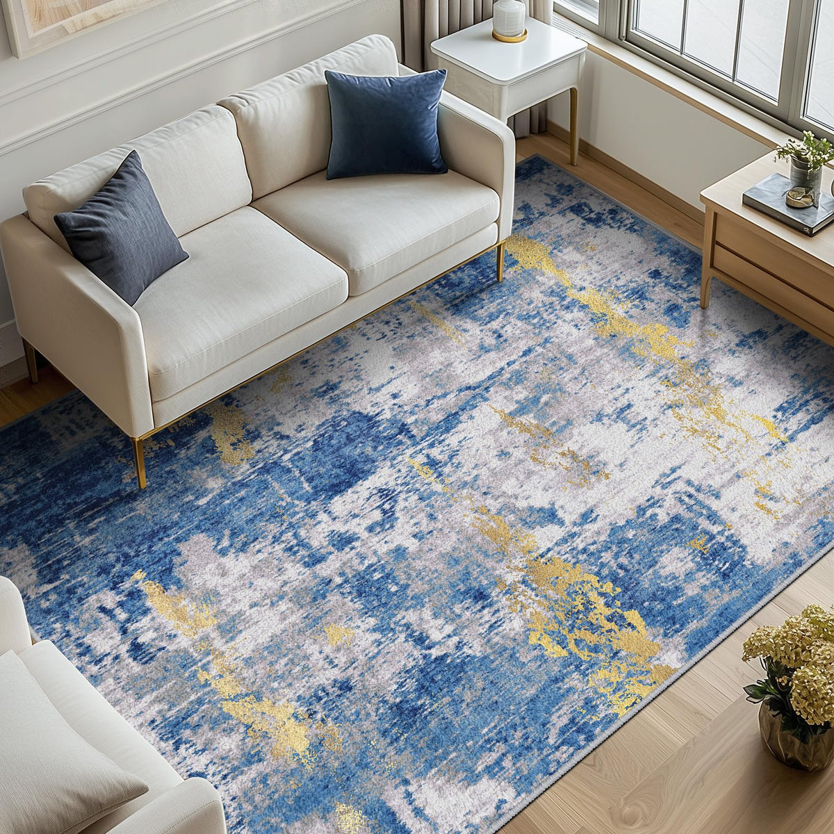 RELEANY abstract print pattern rug enhances living spaces with vibrant digital design.