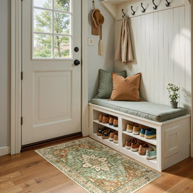 RELEANY area rug brick red color with non-slip backing for secure entryway placement.