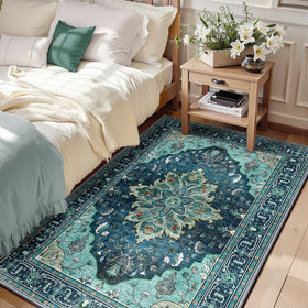 RELEANY area rug 3x5 with floral vintage medallion in teal enhances living room warmth