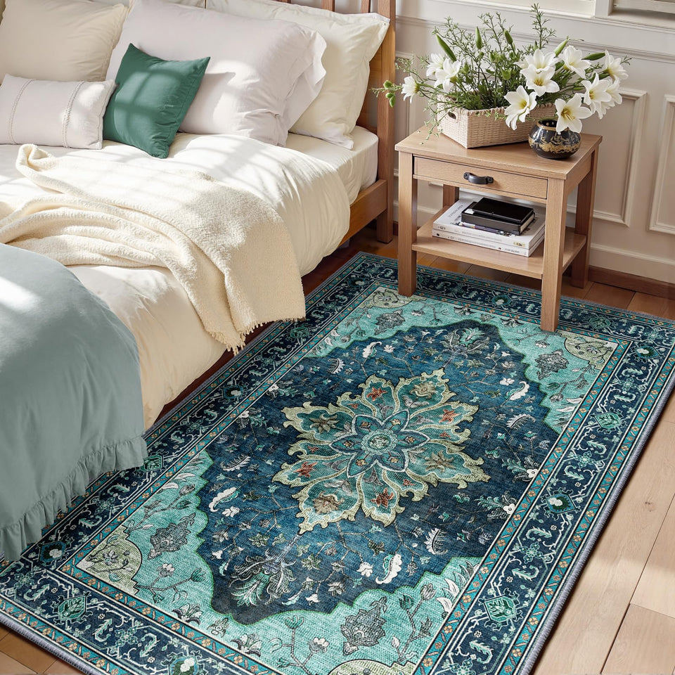 RELEANY area rug 3x5 with floral vintage medallion in teal enhances living room warmth