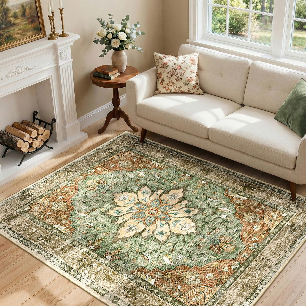 RELEANY area rug 4x6 with a washable non-slip floral medallion pattern for living rooms.