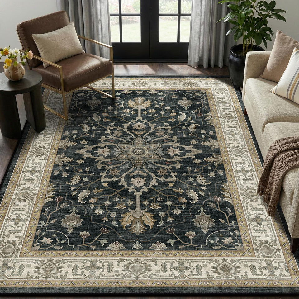 RELEANY area rug with floral medallion pattern adds vintage charm and easy care