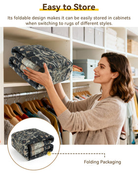Thin design and folding packaging of RELEANY area rug for easy storage and placement