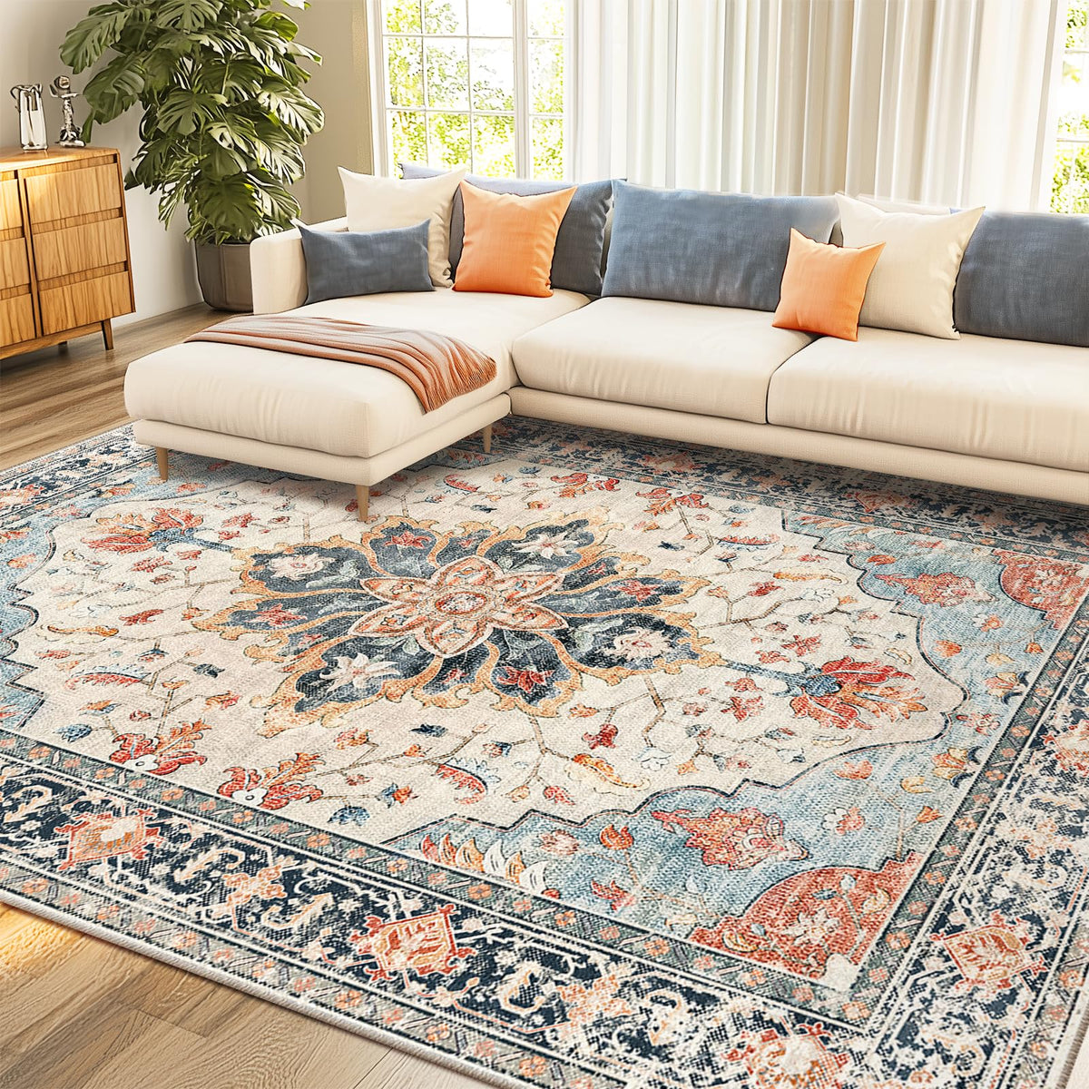RELEANY area rug with floral distress medallion pattern adds classic elegance to living spaces.