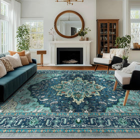 RELEANY Area Rug teal floral medallion, washable and easy to clean in living rooms.