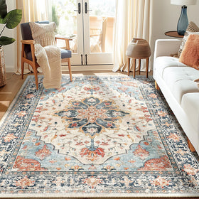 RELEANY area rug with floral medallion in beige and navy adds vintage charm to living room