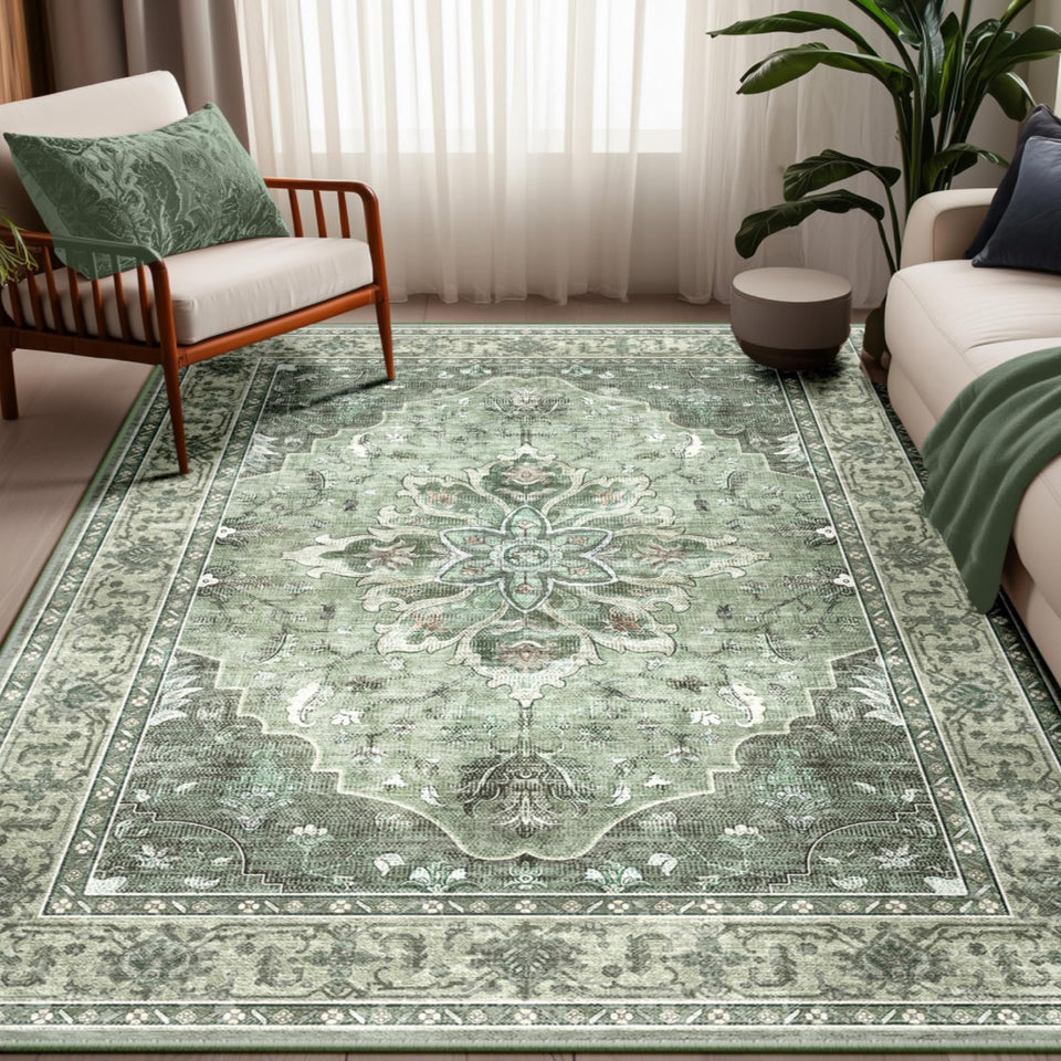RELEANY area rug floral medallion in dark green gray front view for living room styling and easy cleaning