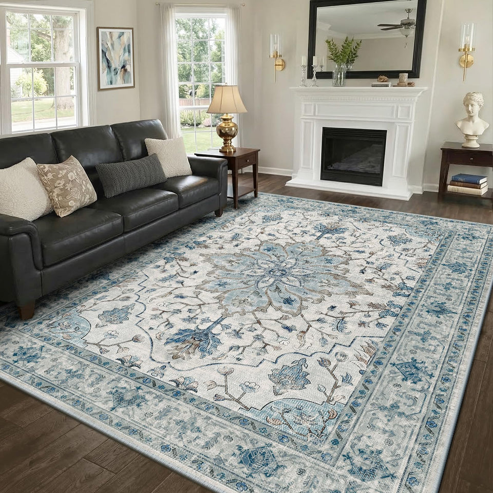 RELEANY area rug with floral medallion distress pattern for elegant living room style