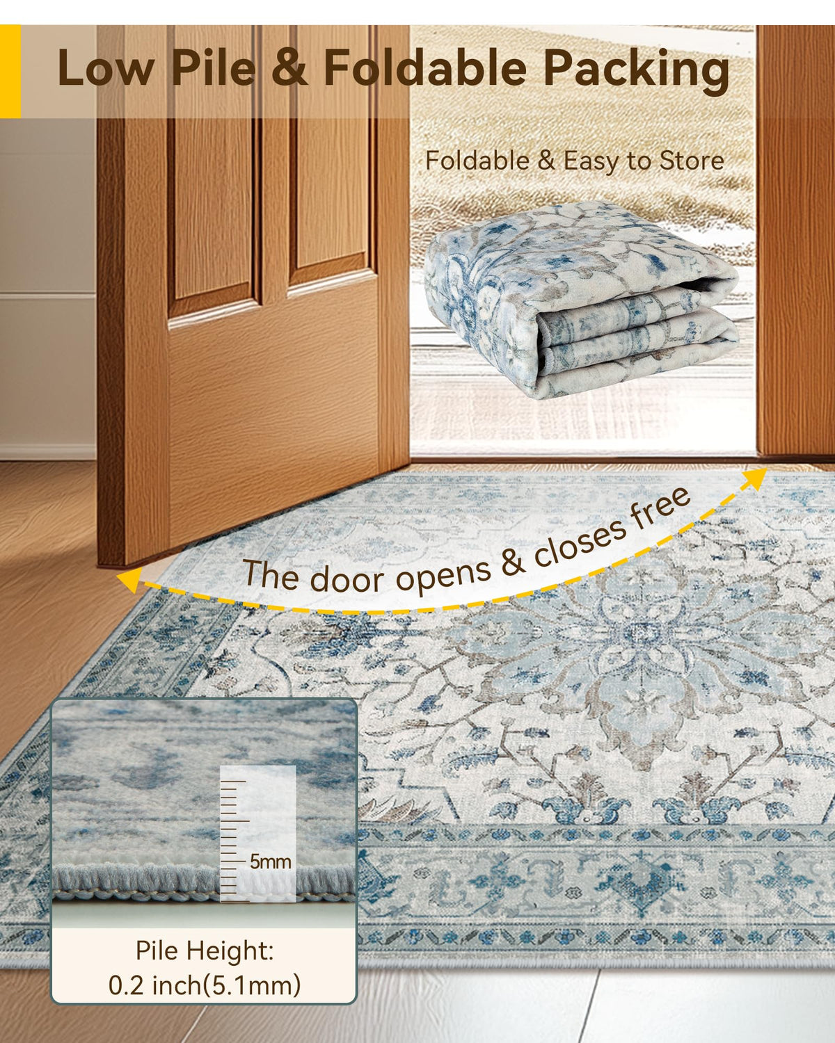 RELEANY area rug non-slip backing helps it stay in place on smooth floors.