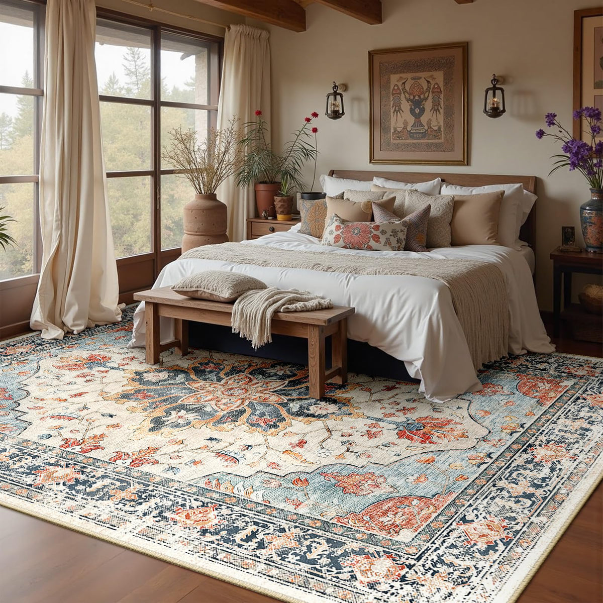 RELEANY rug features a non-slip backing to help it stay in place on smooth floors.