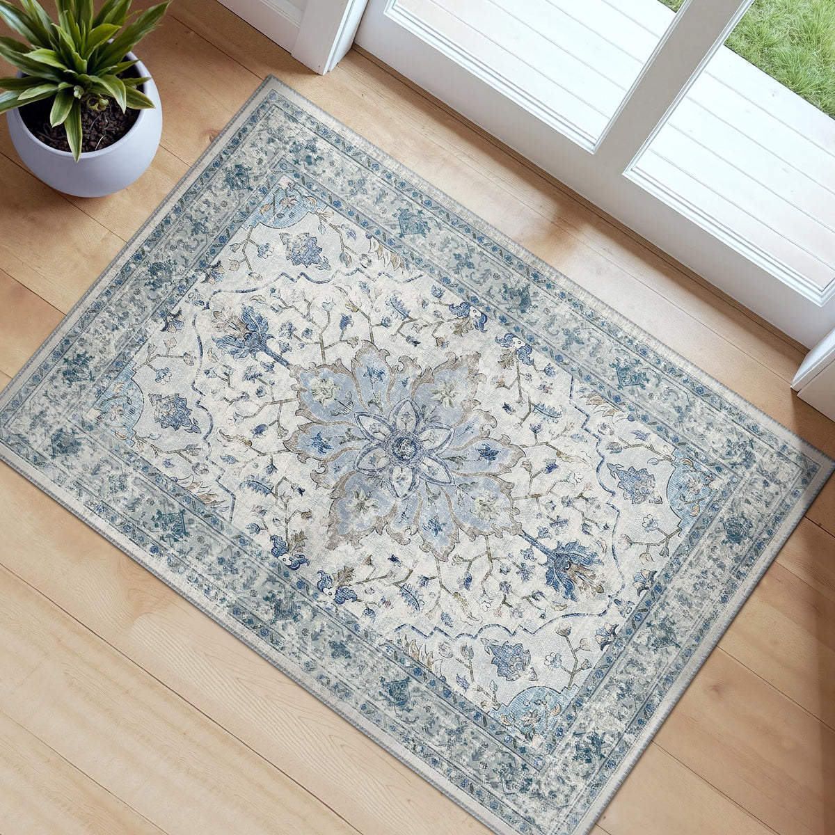 RELEANY area rug sunflower-pattern closeup for vintage decor and cozy feel.