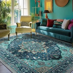 RELEANY area rug with teal floral medallion enhances living room comfort.